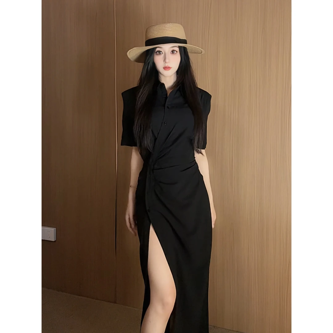 M217 法式轻奢褶皱连衣裙女夏季新款收腰显瘦短袖开叉不规则长裙