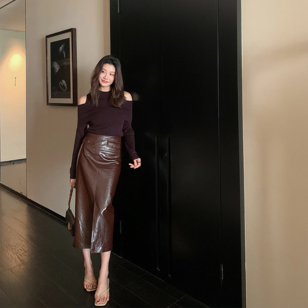 【ALONE SAVOR】龍喜儿旧事 优雅高级感pu皮开叉包臀半身裙Z846