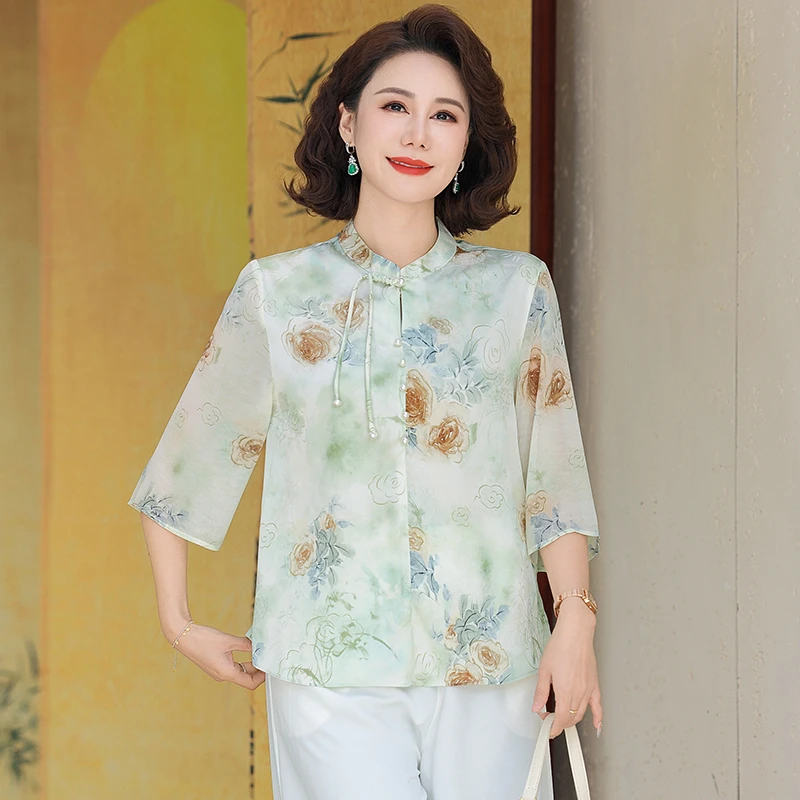 中式妈妈T恤女打底上衣薄款洋气国风2025新款中老年女装雪纺小衫