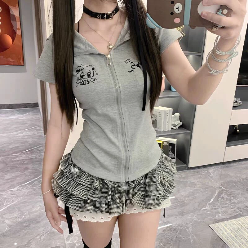 现货日系辣妹夏季薄款修身亚文化百搭猫耳朵连帽透气短袖宅系外套