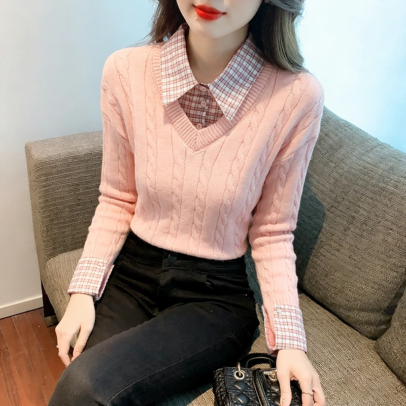 韩系粉色格纹拼接polo领针织衫女春秋冬学院风宽松假两件长袖毛衣
