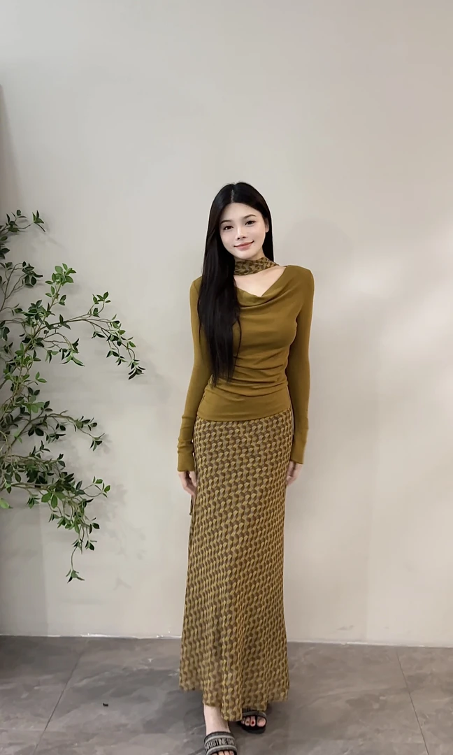 【苏苏】秋季新款长袖上衣飘带网格纹半裙修身显瘦套装两件套DT1516