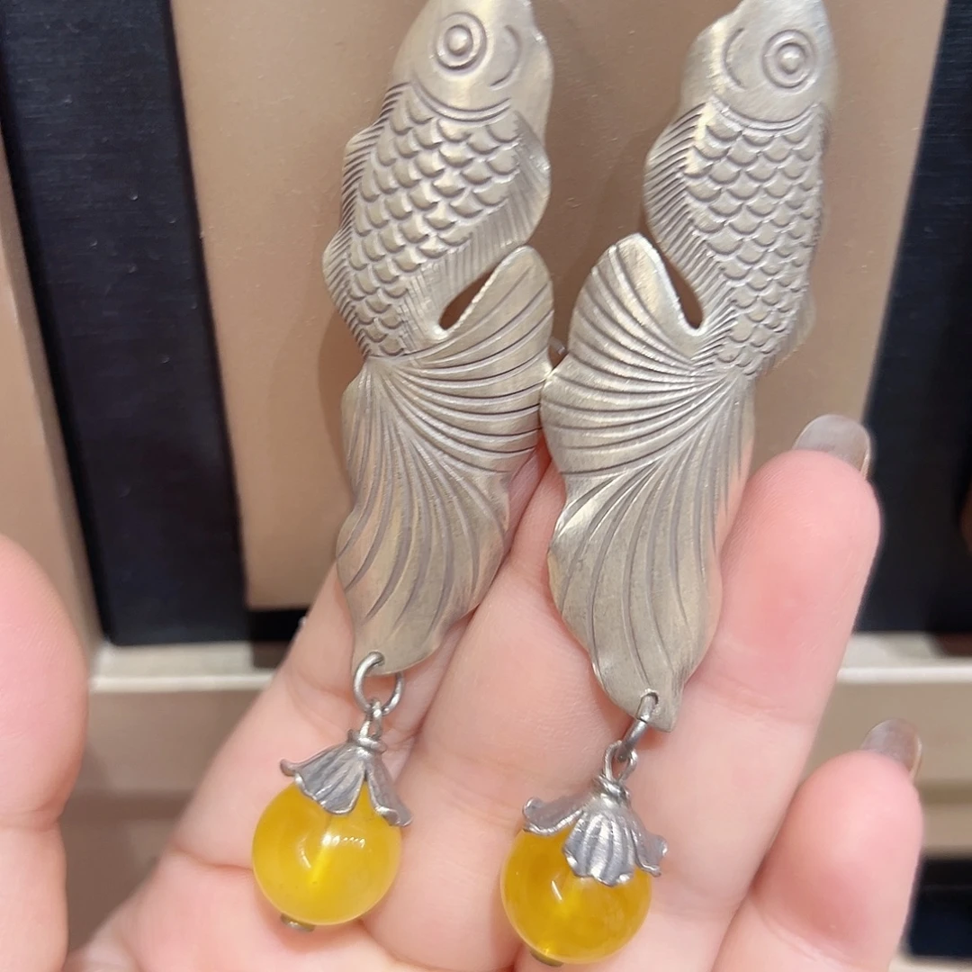 琥珀银S925镶嵌挂件耳环