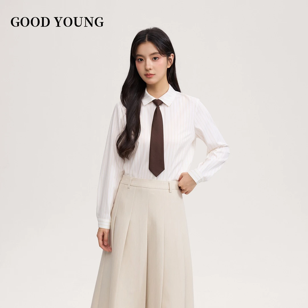 GOOD YOUNG米白色浅银灰条纹衬衫女上衣职业面试穿搭通勤商务衬衣