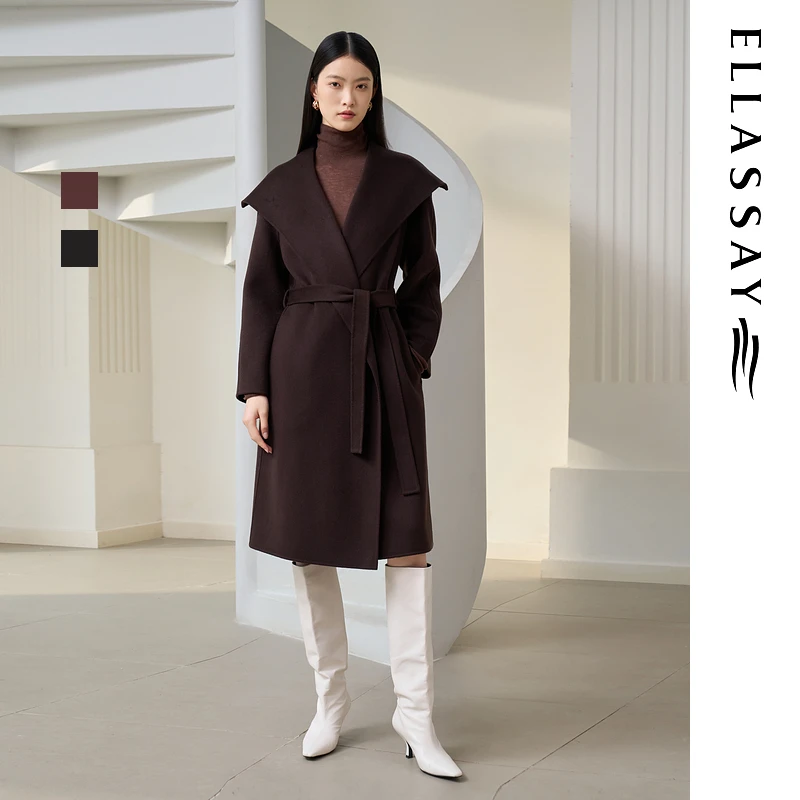 ELLASSAY歌力思2025秋冬新款山羊绒复古大翻领大衣女E363D04600
