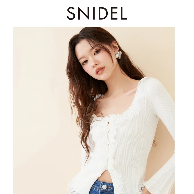 SNIDEL2025春夏新品甜美蕾丝花边荷叶领修身针织衫上衣SWNT251216