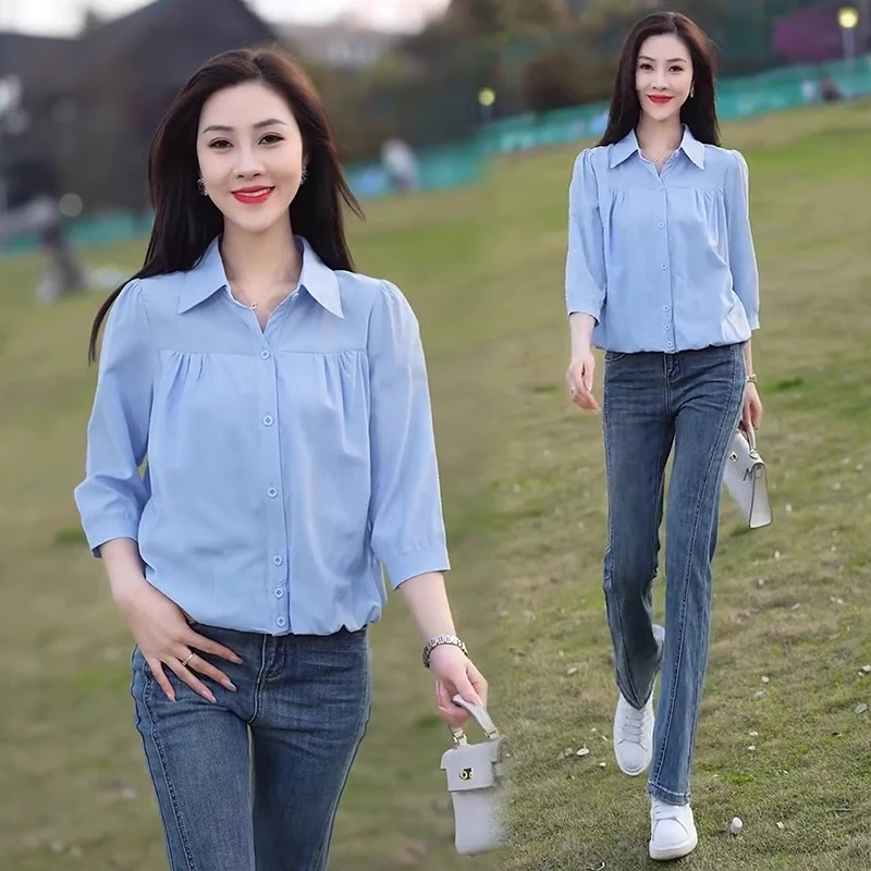 时尚洋气七分袖衬衫女春夏新款宽松遮肚子显瘦休闲衬衣百搭上衣