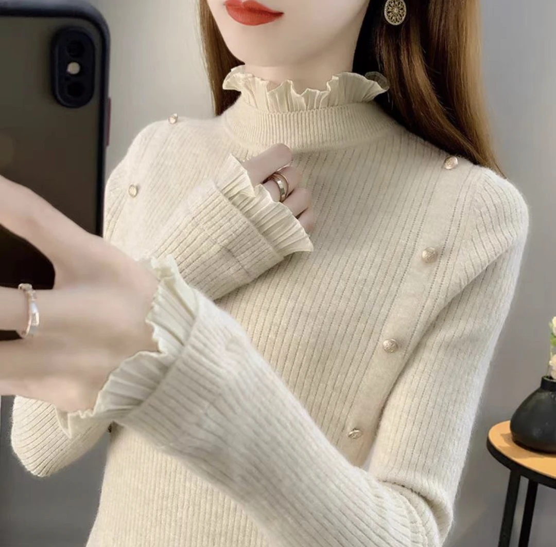 （小猪）2024秋冬新款半高领针织修身打底上衣加厚雪纺拼接毛衣女装