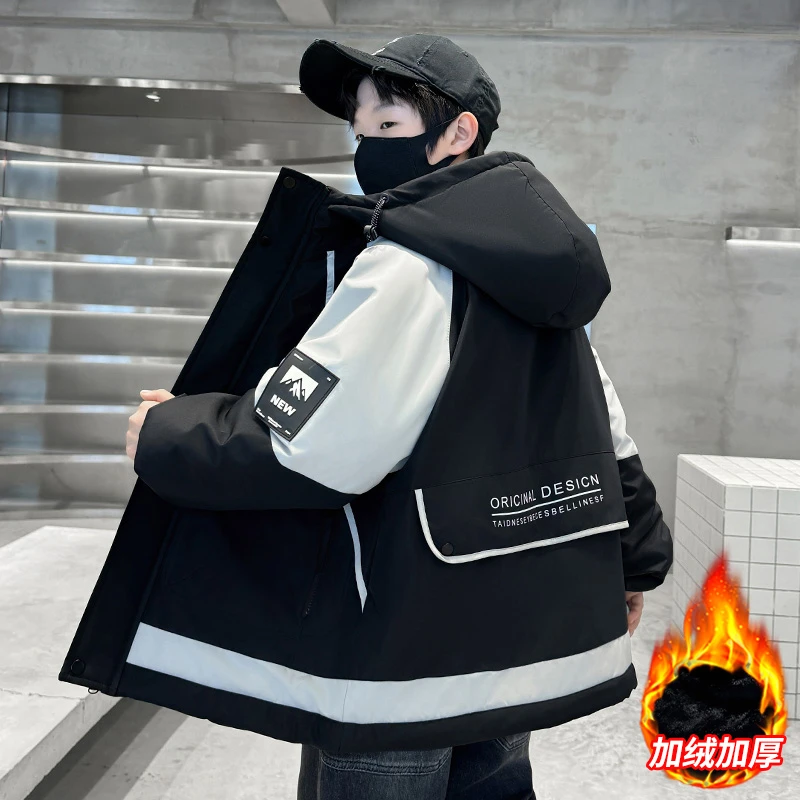 男童加绒加厚外套秋冬装2025新款冬季大儿童装男孩派克服棉衣棉服