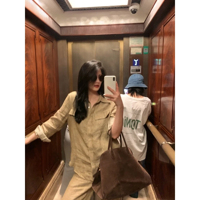 Ah·Jing 梓静【】小众设计感时尚亚麻长袖衬衫+休闲亚麻长裤0025