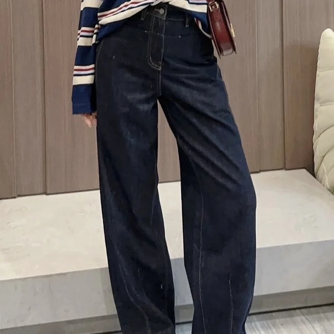 2025秋季哈伦裤高腰显瘦深蓝色阔腿牛仔直筒裤春秋新款百搭减龄
