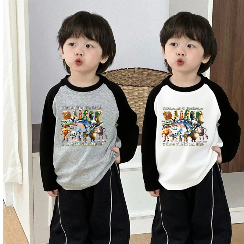 国外山海经纯棉男女童长袖上衣秋季2025新款拼色儿童内搭T恤宽松