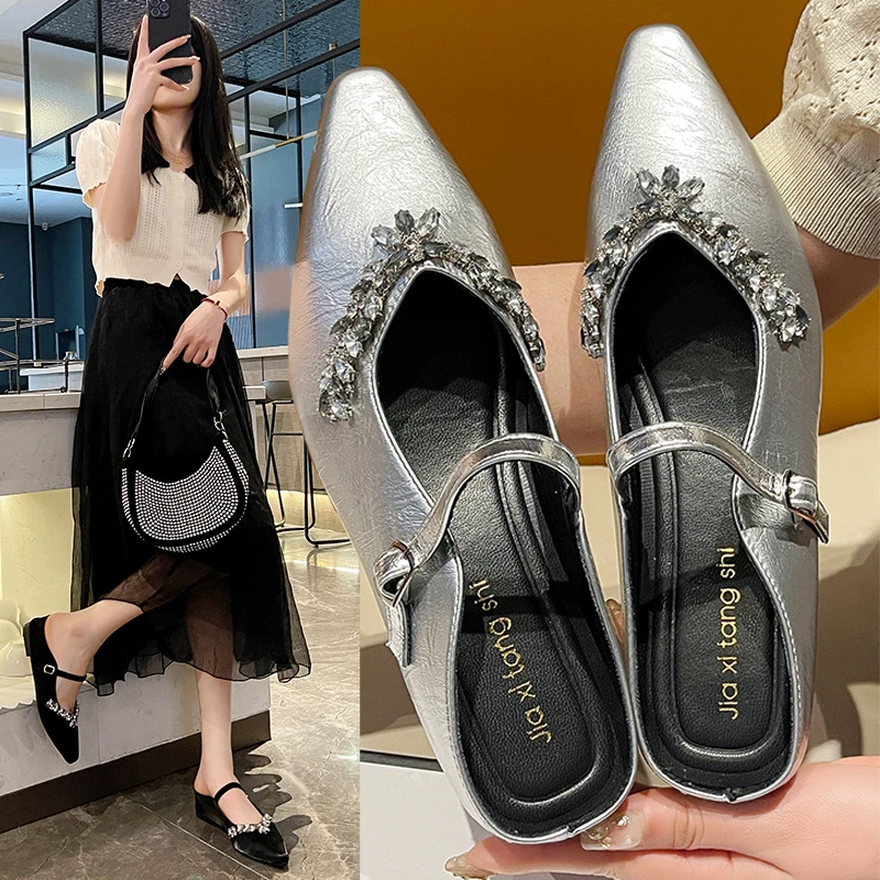 万达撤柜尖头水钻包头半拖鞋高级感气质外穿夏季懒人穆勒鞋凉鞋