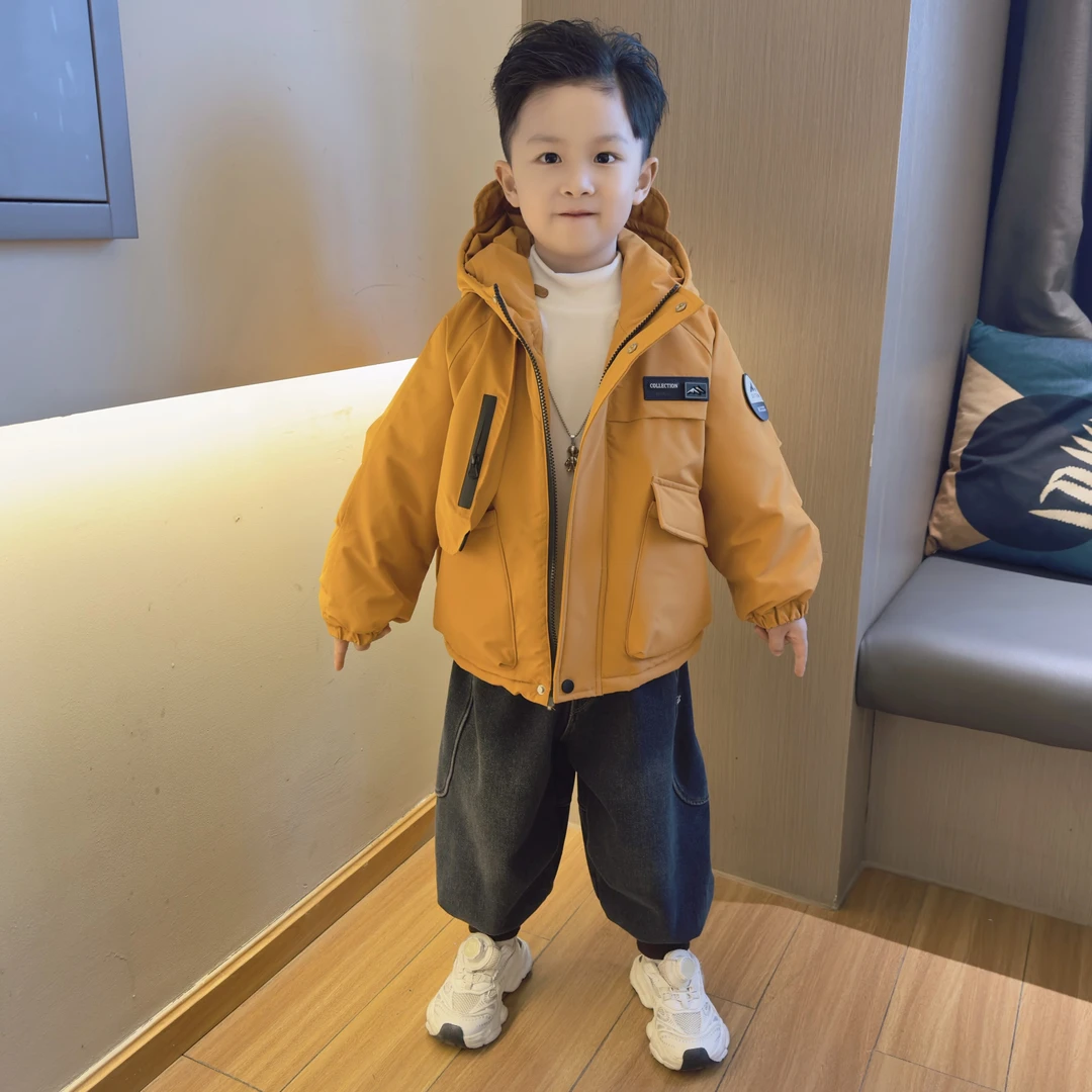男童加绒外套秋冬款2025新款帅气儿童加厚派克服女孩冬季棉服棉衣
