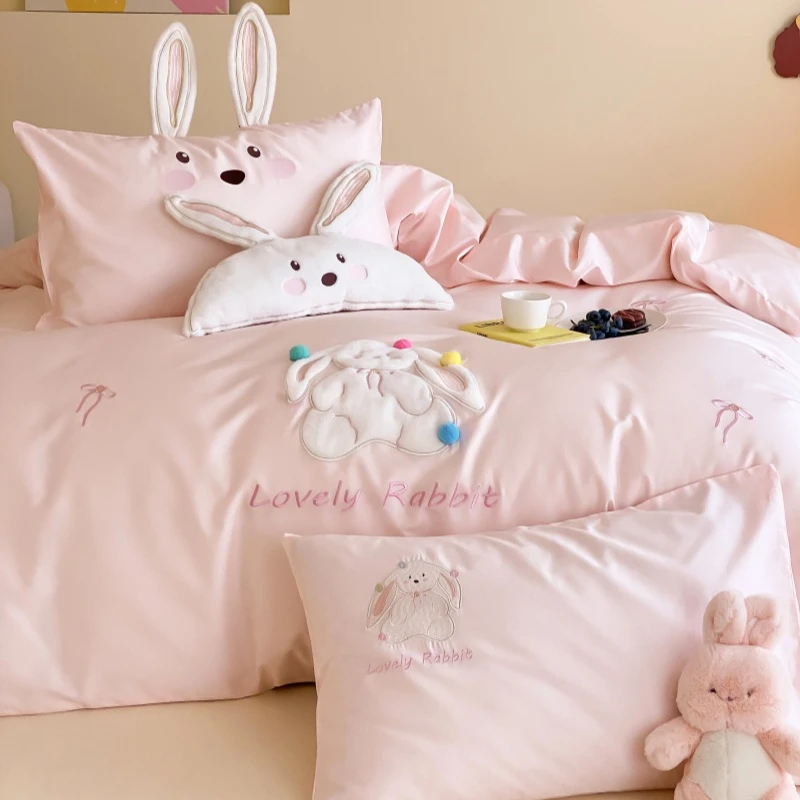 少女公主卡通粉兔子100支纯棉长绒棉四件套全棉被套床单床上用品