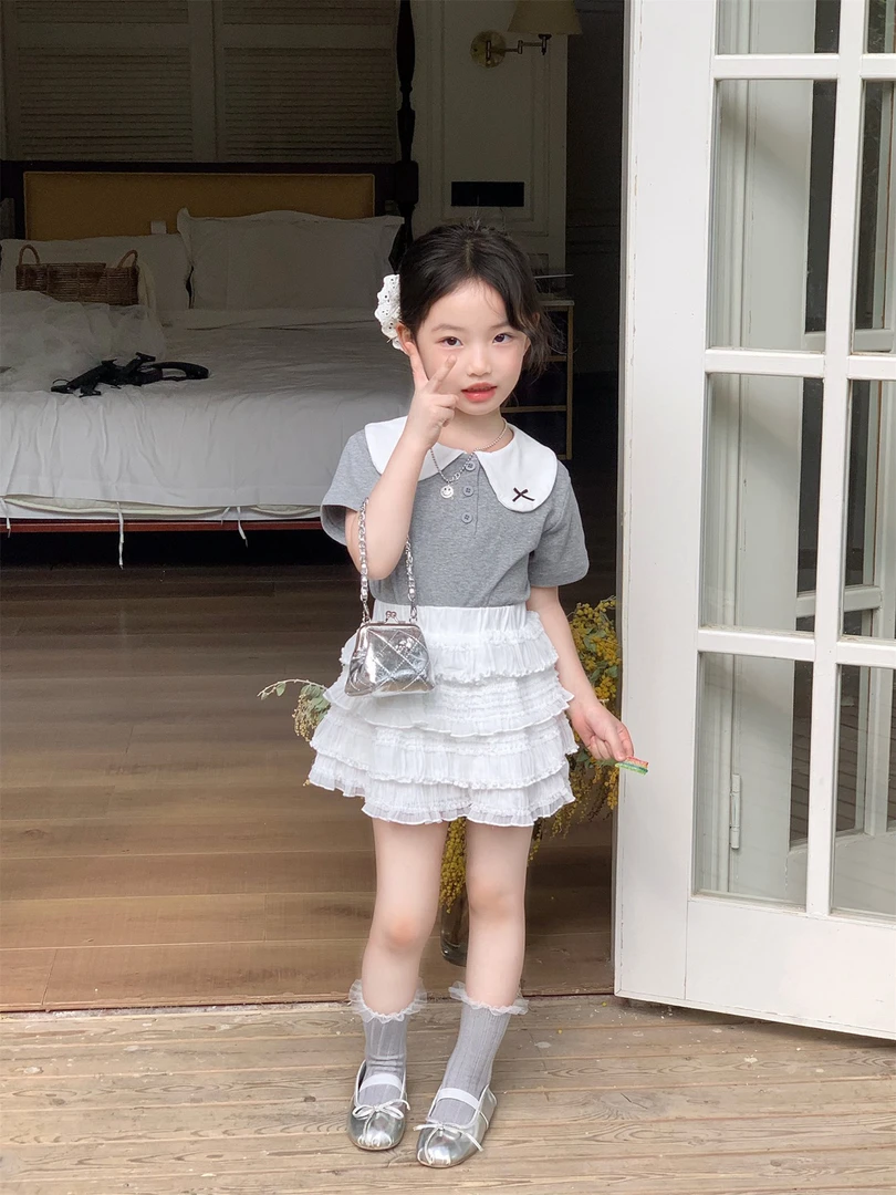 女童2025夏季新款洋气蝴蝶结翻领短袖T恤+层层蛋糕半身裙两件套