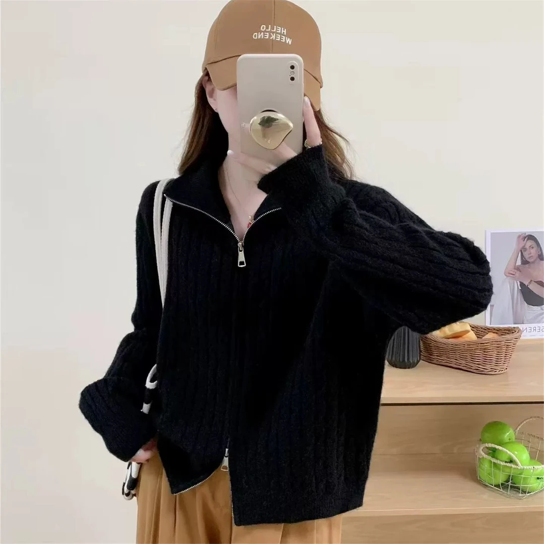 韩系慵懒风半高领针织开衫女秋冬复古百搭毛衣外套