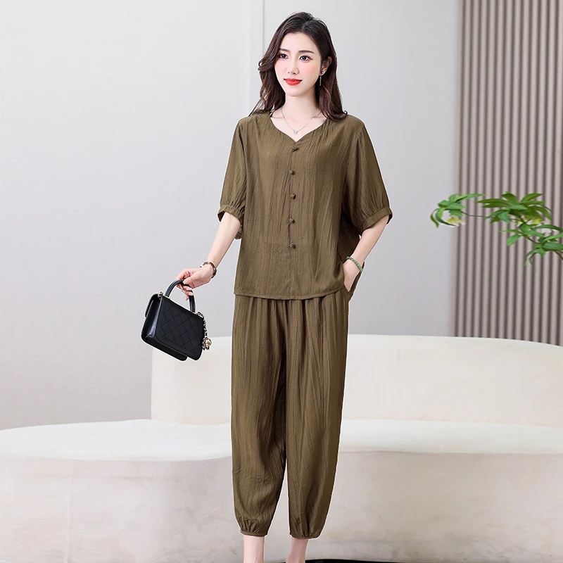 夏季新款妈妈装休闲短袖t恤套装女中老年女装大码洋气宽松两件套