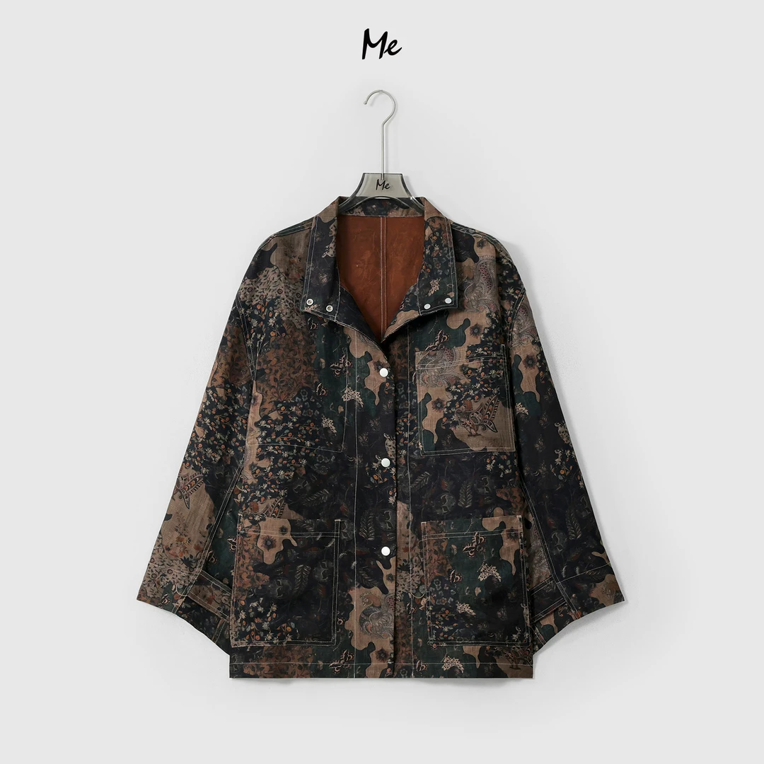 ME【大漠之花】天丝桑蚕丝亚麻混纺民族印花时尚一手长外套MESA0488