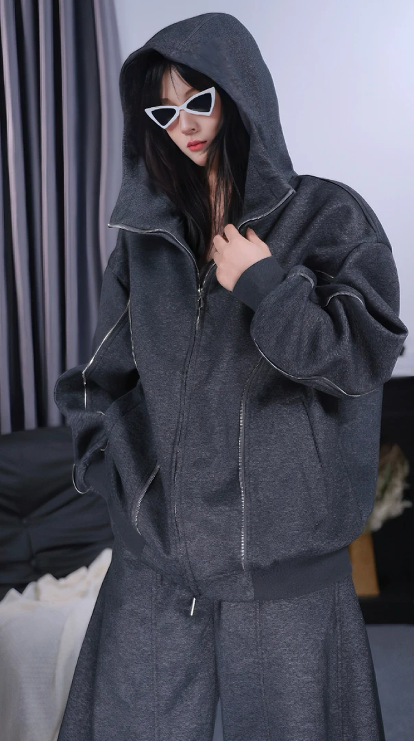 秋款新品首发连帽卫衣套装拼接休闲长裤男女同款宽松套装复古纯色