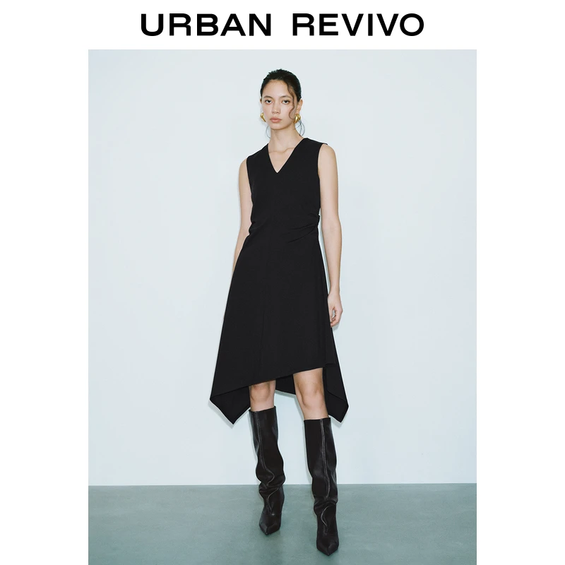 UR2025春季新款女欧若风法式不规则设计感褶皱连衣裙UWM750009