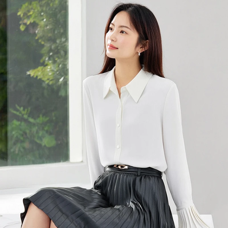 尚都比拉 气质通勤基础款衬衫贝壳扣喇叭袖衬衫50498