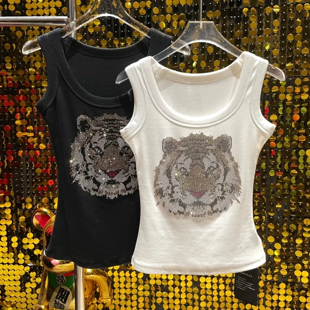 重工满钻经典虎头修身显瘦背心网红时尚无袖打底外穿大码夏季