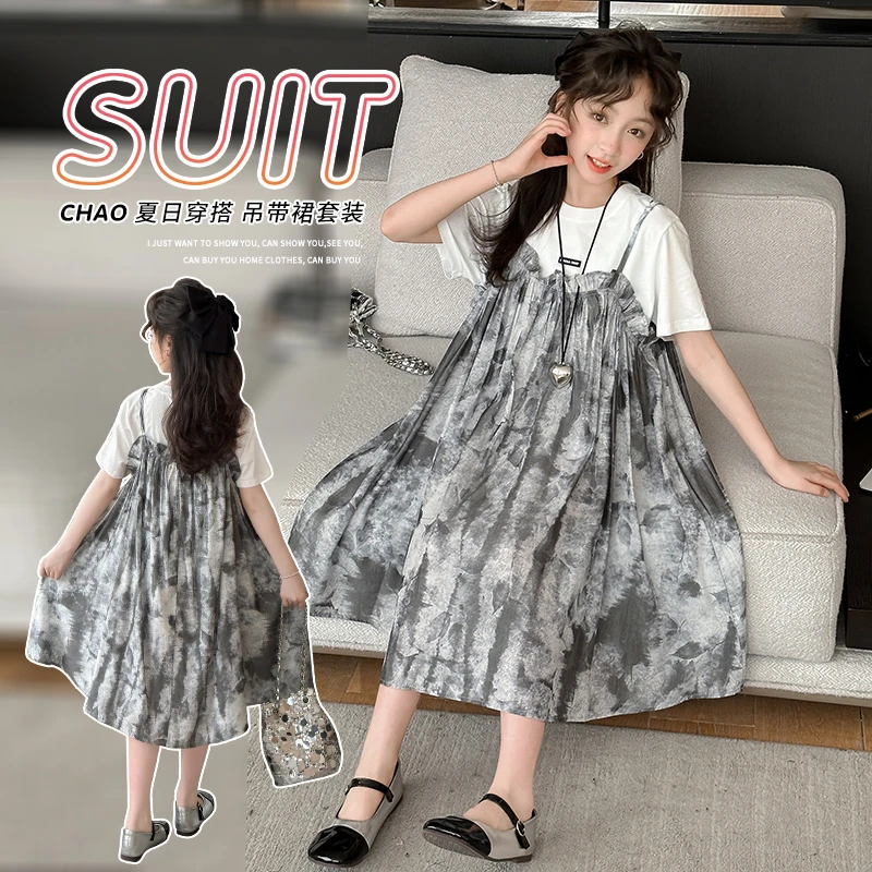 女童连衣裙夏装2025新款洋气儿童假两件裙子中大童中长裙公主裙潮