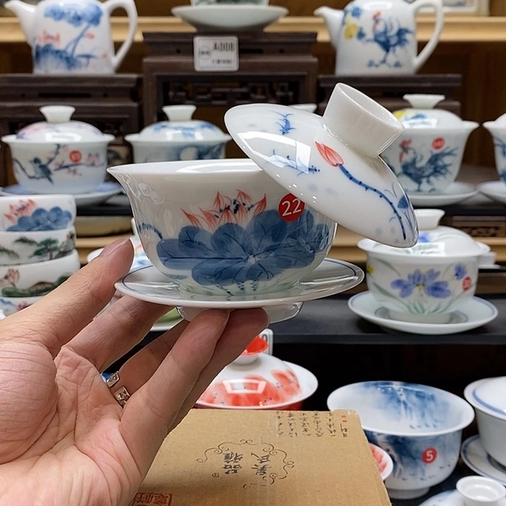 手绘荷花悬停盖碗150cc釉下彩微瑕福利款