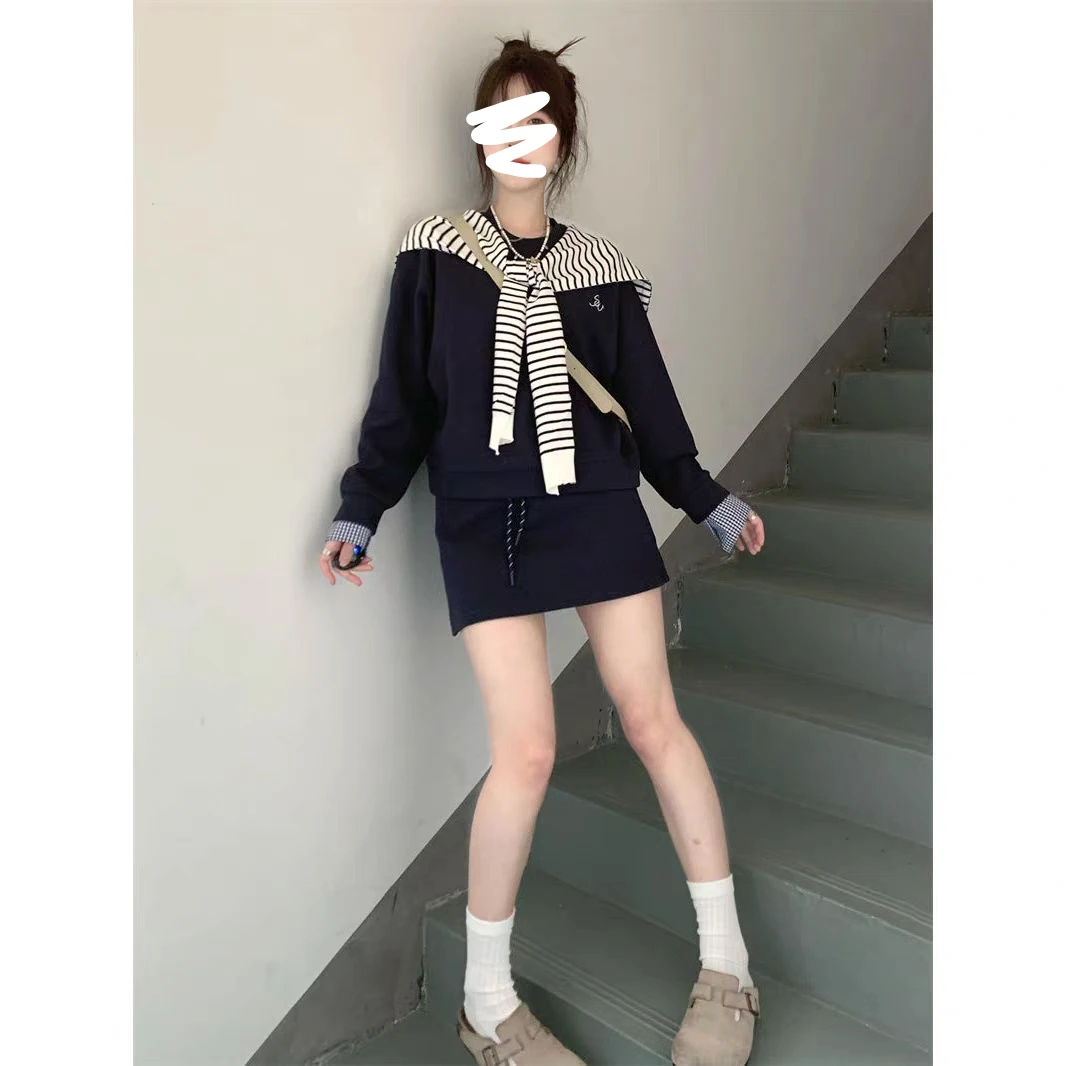 萌萌 格纹拼接撞色卫衣套装女早秋新款长裙/短裙韩系两件套