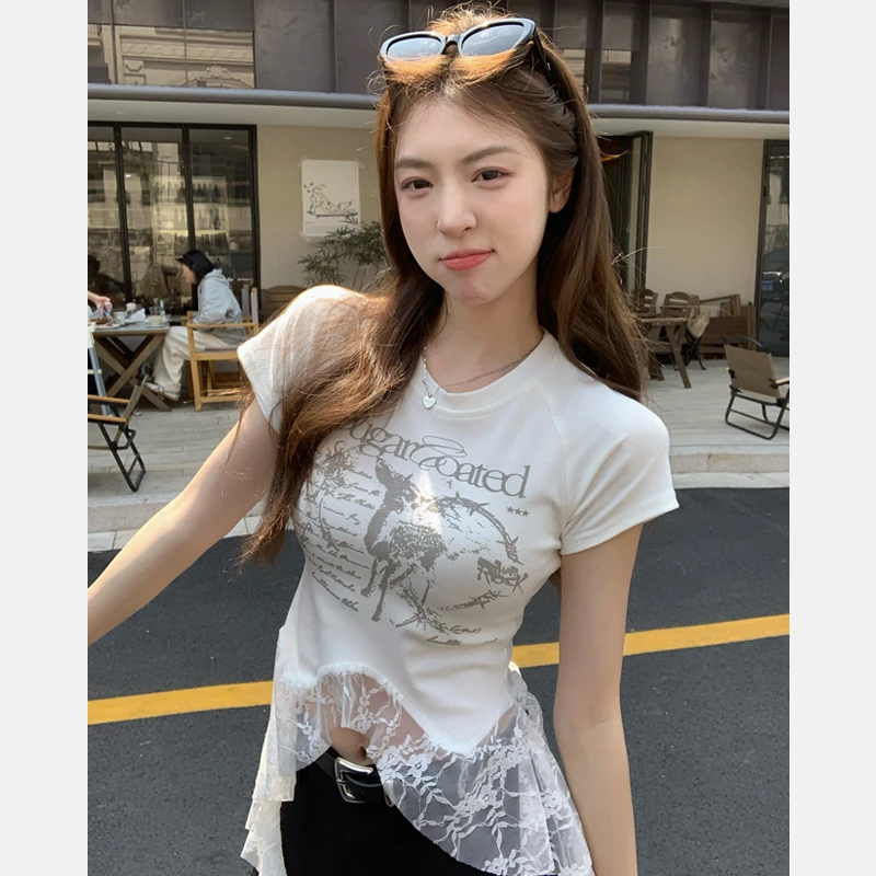 辣妹风修身印花短袖T恤白色夏季蕾丝打底衫纯欲高腰辣妹显瘦短款