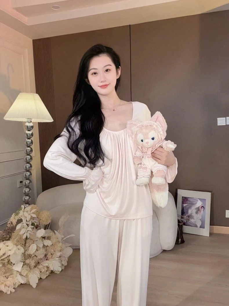 纯欲风皱褶代尔棉带胸垫睡衣女2025春秋季新款休闲大码居家服套装