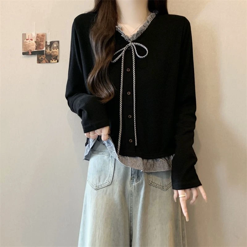 大码德绒木耳边V领假两件长袖衬衫女秋冬季新款胖mm显瘦遮肉上衣