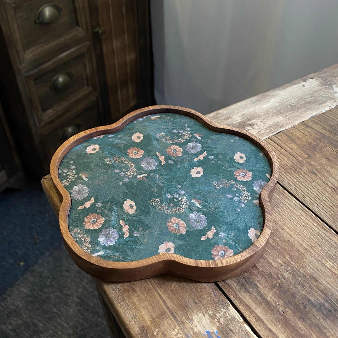 四海【大号松石绿五花瓣壶承】胡桃木大号壶承杯垫干泡台16*16cm