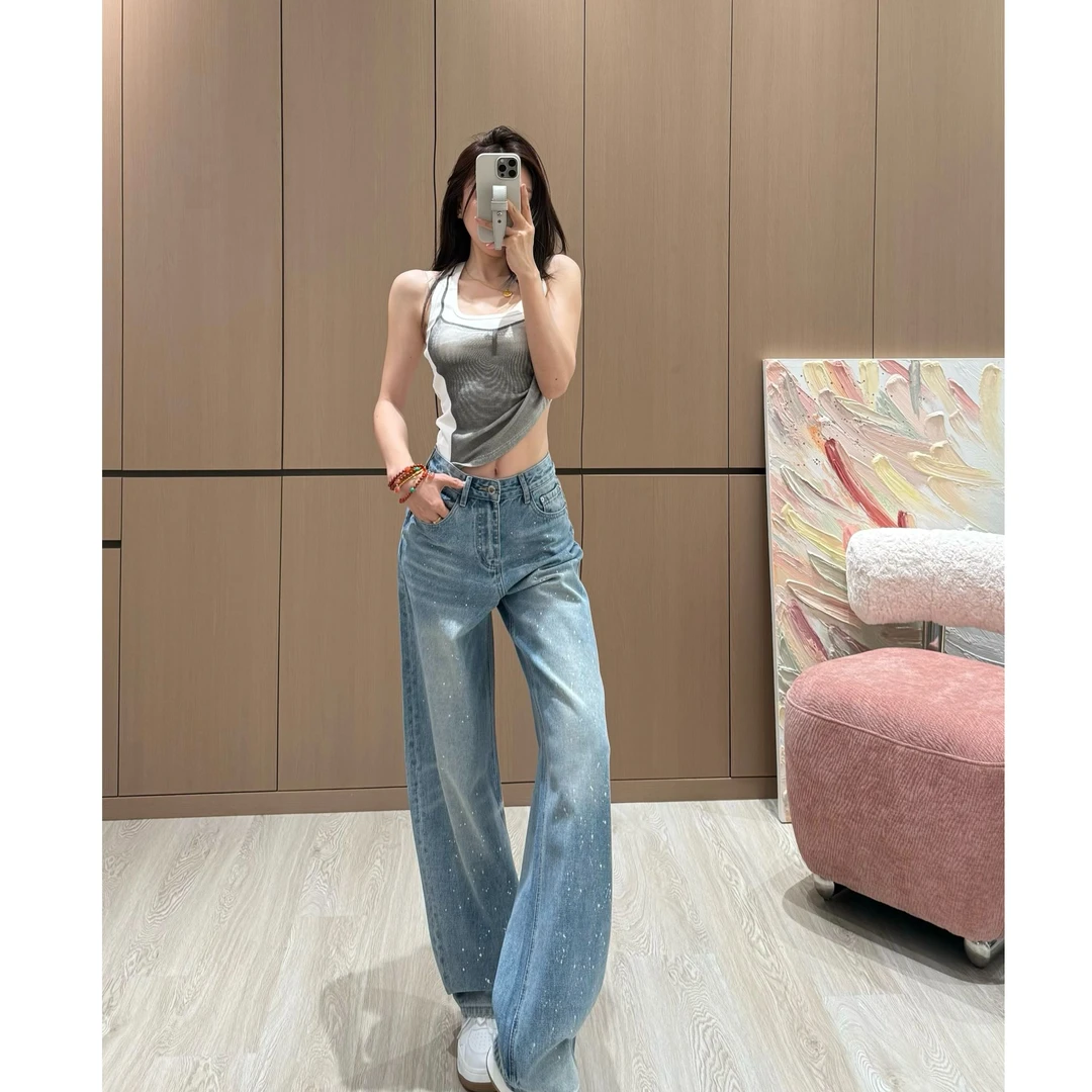 春气质显瘦百搭满天星重工泼墨烫银直筒弯刀裤显瘦拖地牛仔裤9550
