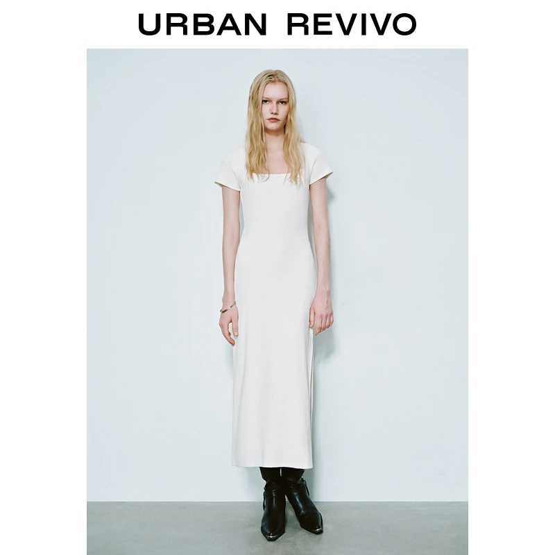 UR2025春季新款女装欧若风U领修身镂空短袖长款连衣裙UWJ750007