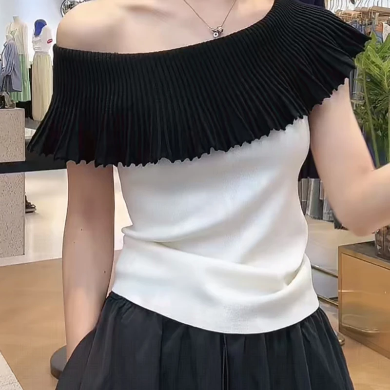 法式一字肩褶皱冰丝针织短袖T恤女夏季独特漂亮掐腰修身露肩上衣