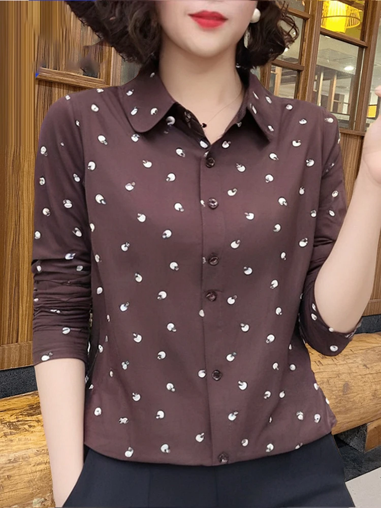 2025新款长袖打底衫中年妈妈波点碎花翻领衬衫宽松上衣D70381