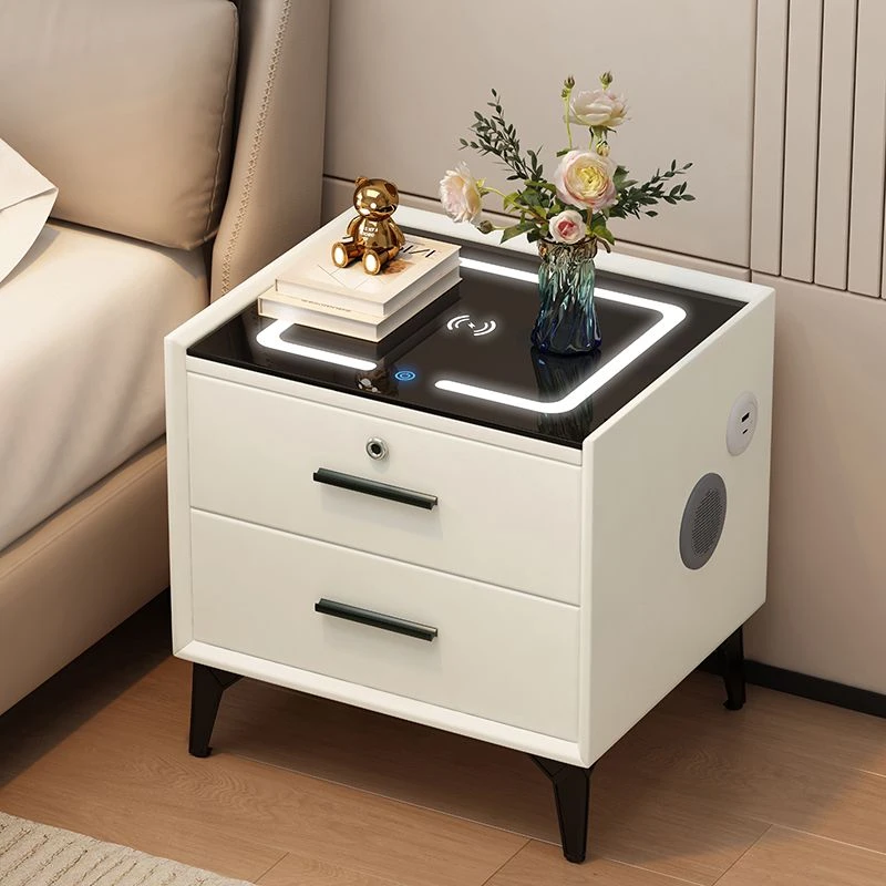 智能床头柜现代简约带灯无线充电指纹锁蓝牙多功能卧室床边柜家用