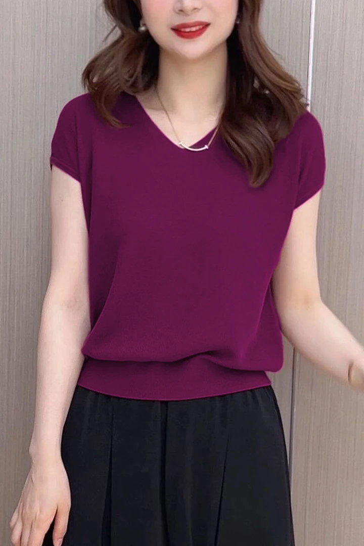 薄款v领冰丝短袖t恤女2025新款夏季洋气减龄宽松显瘦百搭别致上衣