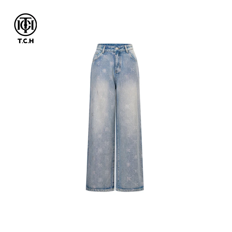 TCH 复古做旧LOGO烫钻洋气直筒阔腿宽松牛仔裤女2025年春夏新款