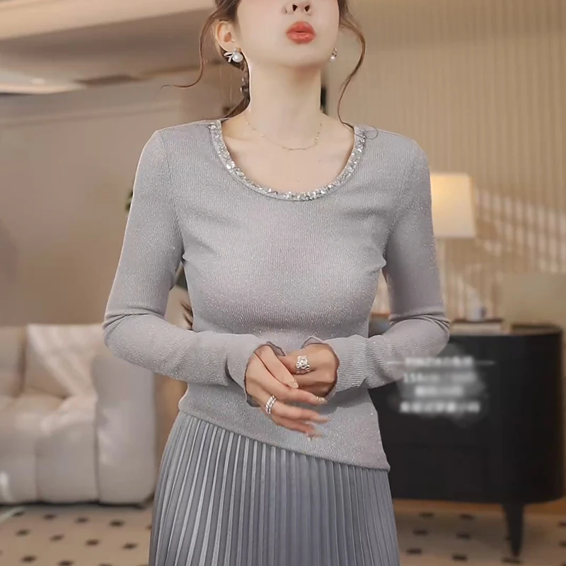 重工钉珠女打底衫女春季2025年新款轻奢高级感长袖针织衫修身上衣