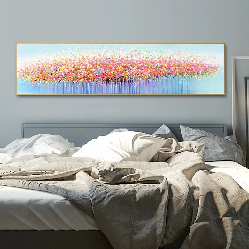 手绘油画现代简约轻奢欧美装饰画花团锦簇床头卧室挂画横版40150