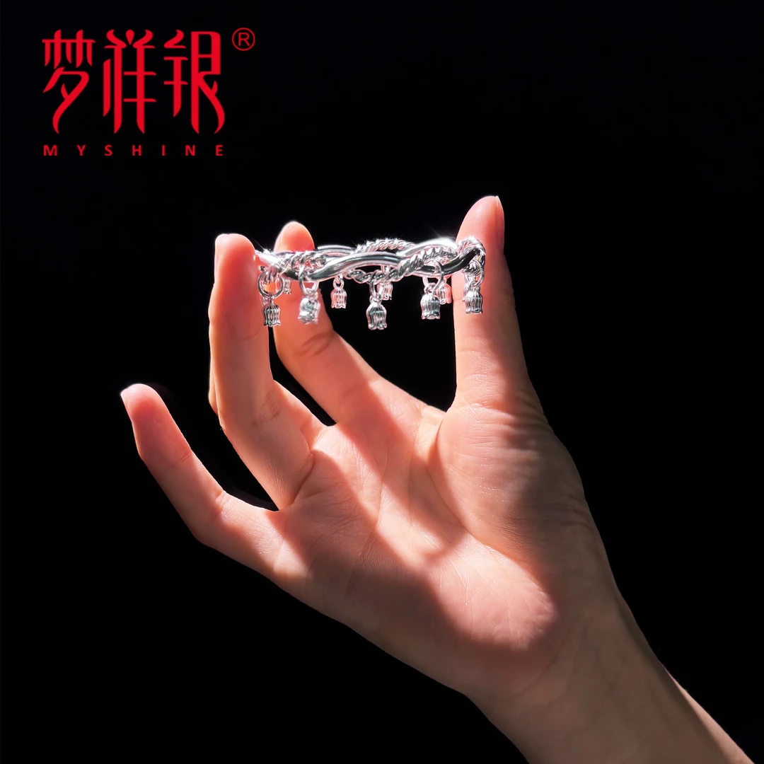 足银手镯 民族风原创新中式铃兰足银开口设计时尚复古个性银制品