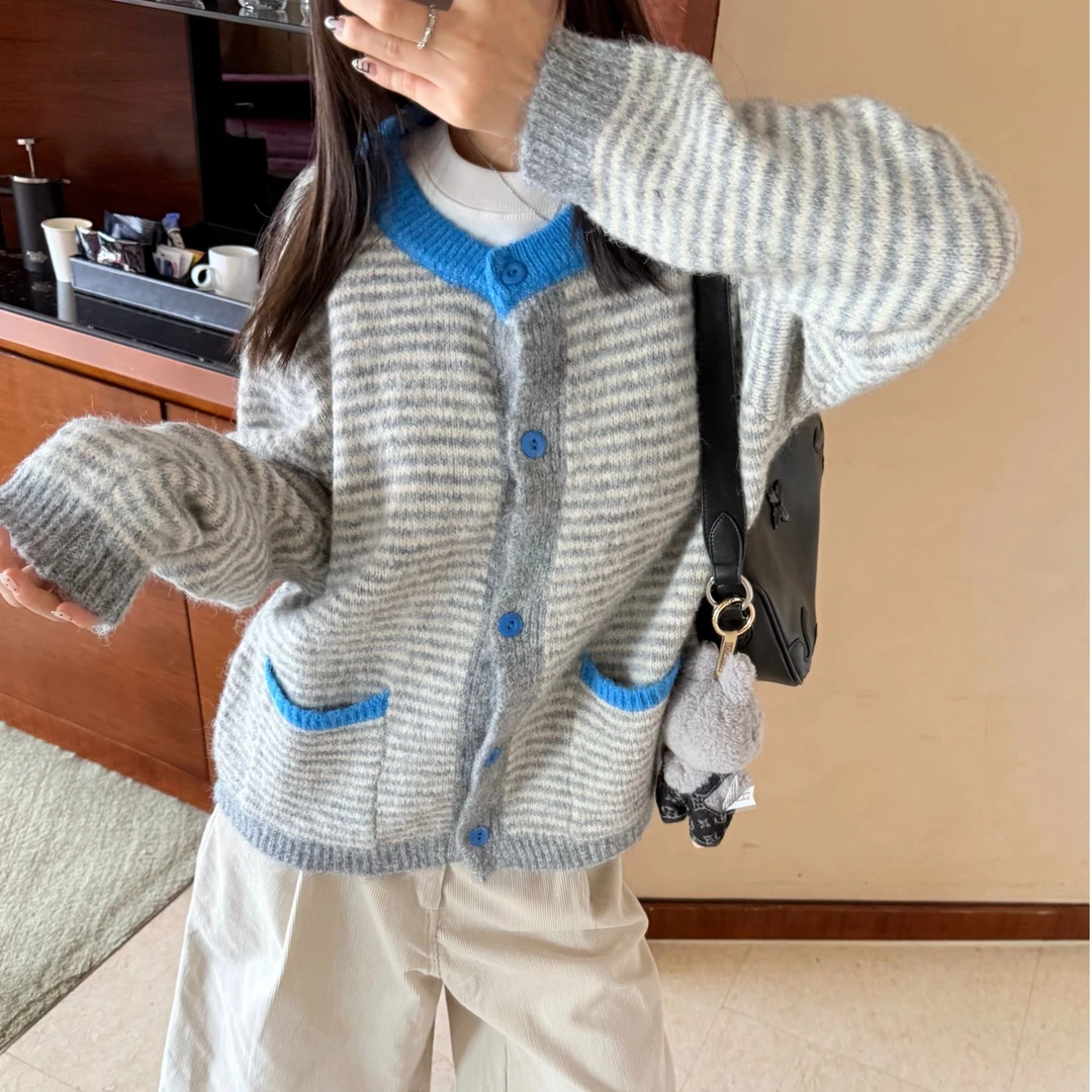 编号078 学院风毛针织衫秋季韩版宽松针织女装条纹毛衣薄款