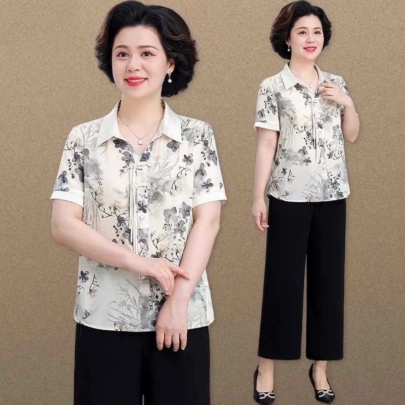 罗蒙中老年洋气妈妈短袖衬衫新款中年妇女夏装套装贵夫人品牌上衣