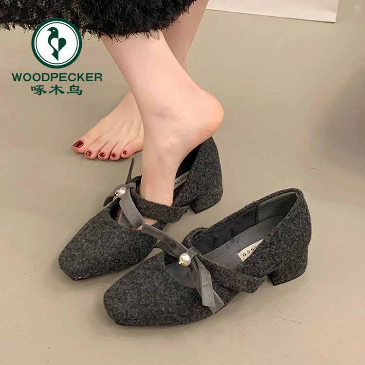 啄木鸟粗跟法式蝴蝶结珍珠毛呢玛丽珍鞋女2025秋冬款百搭气质单鞋