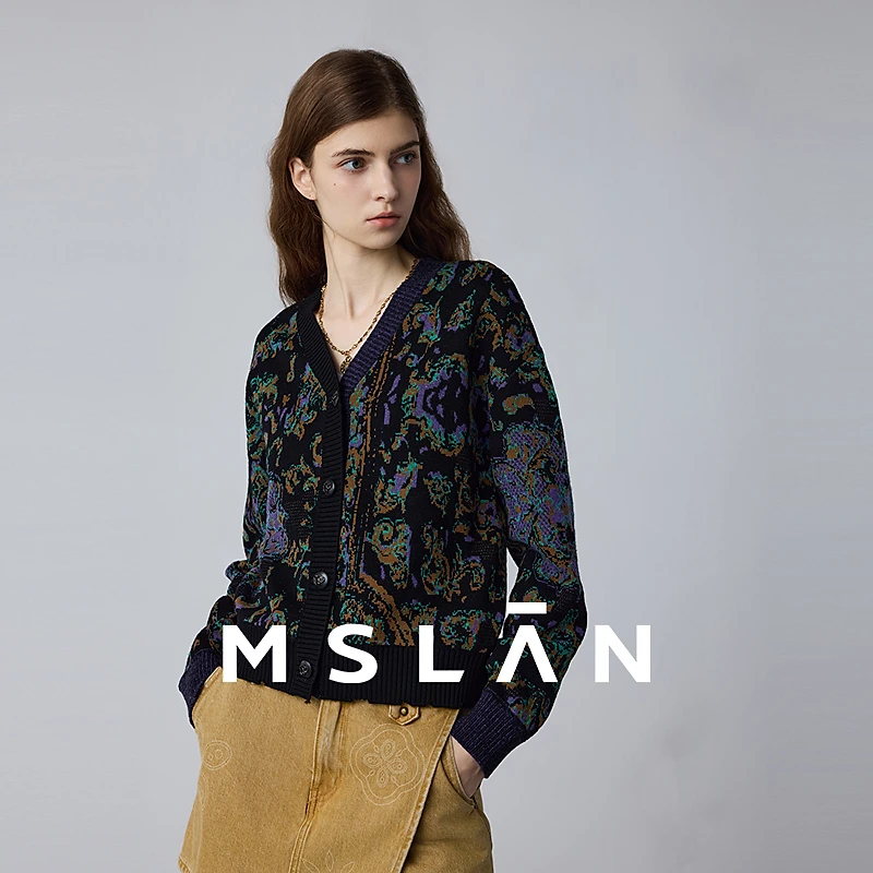 MSLAN商场同款冬季新款羊毛V领印花女云朵针织外套MEDE1001