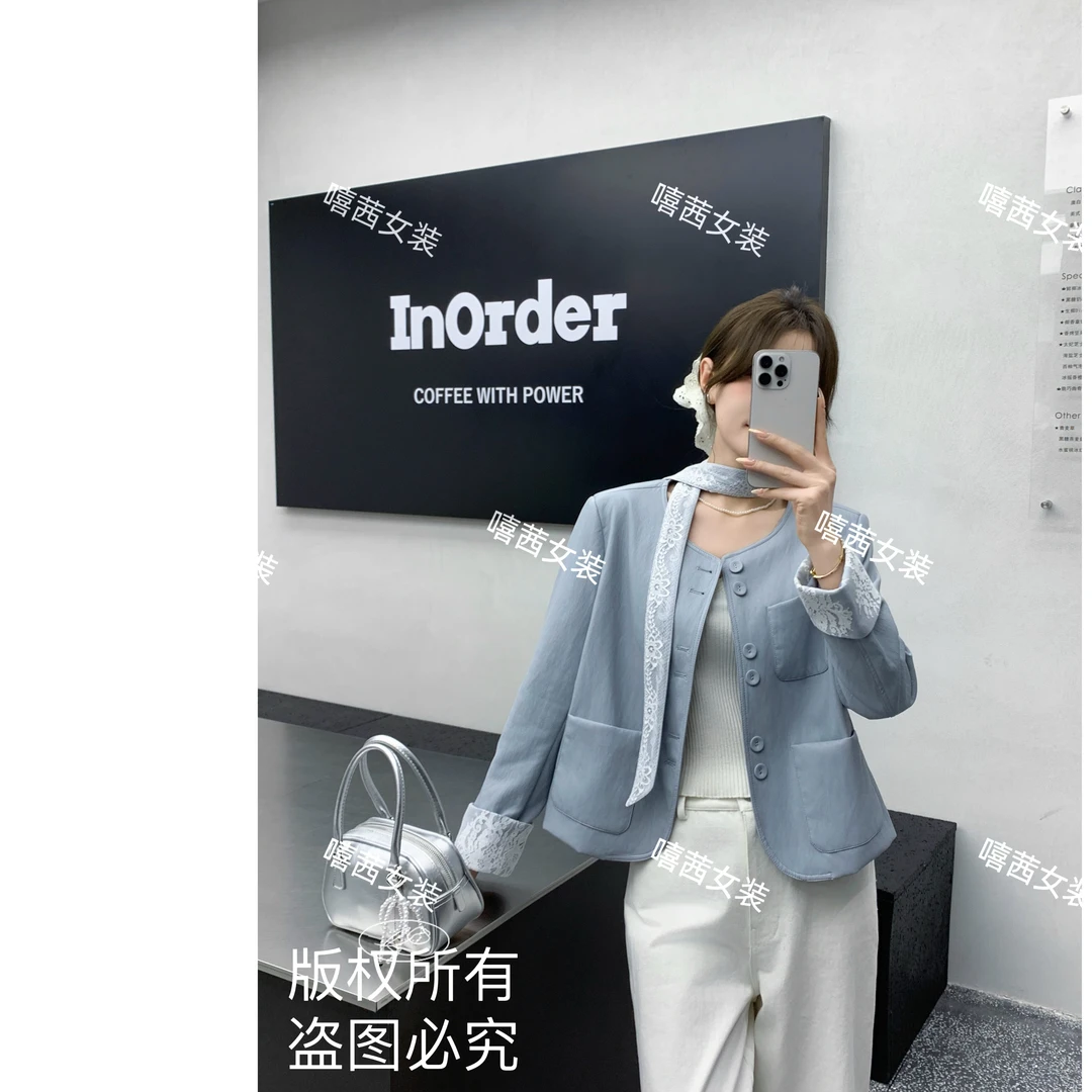 【嘻茜】~蓝调心动~2025春季短款皮外套蕾丝拼接时尚休闲百搭飘带