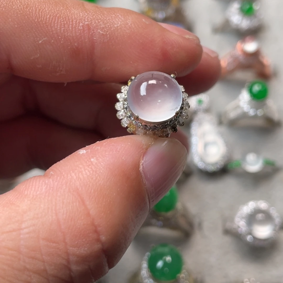 翡翠裸石白冰蛋面铜托卡9.9